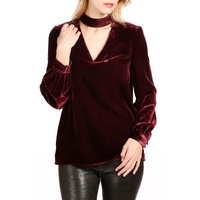 Biking Red Choker Neck Hollow-out Velvet Blouse - L thumbnail