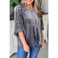 Azura Exchange Medium Grey Leopard Splicing Lantern Sleeve Velvet Blouse - L thumbnail