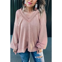 Peach Blossom Loose V Neck Bubble Sleeve Knit Ribbed Top - L thumbnail