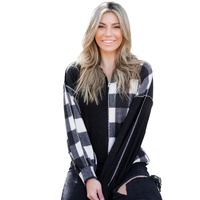 Black Checkboard Patchwork Exposed Stitching Collared Top - M thumbnail