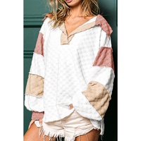White Plaid Patchwork Exposed Seam V Neck Loose Blouse - L thumbnail