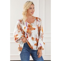 Multicolour Floral Print V Neck Babydoll Blouse - L thumbnail