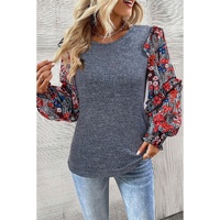 Blue Ruffle Tiered Floral Sleeve Crew Neck Blouse - M thumbnail