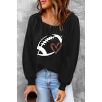 Black Rugby Football Print Square Neck Puff Sleeve Waffle Top - M thumbnail