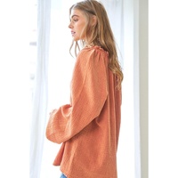 Orange Crinkle Textured Frill Split Neck Puff Sleeve Blouse - M thumbnail