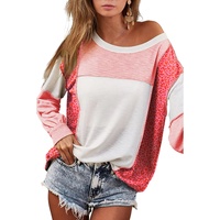 Peach Blossom Leopard Colorblock Patchwork Exposed Seam Top - M thumbnail