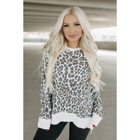 White Printed Solid Trim Leopard Print Top - M thumbnail