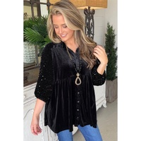 Black Sequin Puff Sleeve Buttoned Velvet Peplum Shirt - L thumbnail