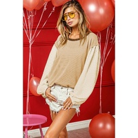Smoke Gray Textured Patchwork Crew Neck Puff Sleeves Blouse - L thumbnail