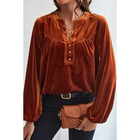 Gold Flame Lantern Sleeve Beaded Split V Neck Velvet Top - L thumbnail