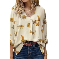 Apricot Printed Leopard Print Tab Sleeve Loose Fit V Neck Blouse - L thumbnail