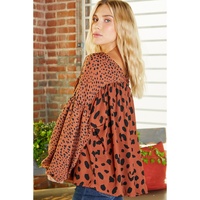 Brown Contrast Leopard Print Bubble Sleeve Blouse - L thumbnail