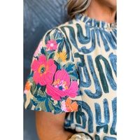 Beige Embroidered Puff Sleeve Frilled Neck Printed Top - L thumbnail
