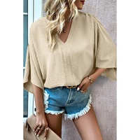 Parchment Solid V Neck Wide Sleeve Crinkled Blouse - L thumbnail