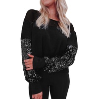 Black Sequin Patchwork Lantern Sleeve Blouse - XL thumbnail