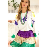 White Mardi Gras Star Printed Long Sleeve Top - S thumbnail