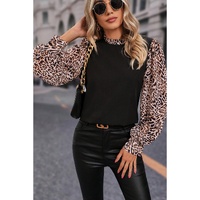 Black Contrast Leopard Print Lantern Sleeve Blouse - M thumbnail