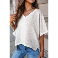 White V Neck Knitted Flowy Blouse - L thumbnail