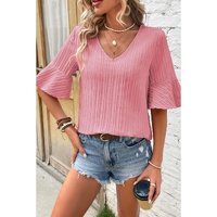 Peach Blossom Ruffled Half Sleeve V Neck Textured Top - M thumbnail