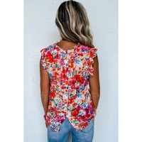 Red Frilled Neck Pleated Boho Floral Tank Top - L thumbnail