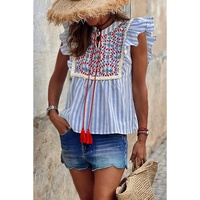 Sky Blue Stripe Geo Pattern Embroidered Tassel Flutter Blouse - L thumbnail