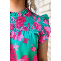 Green Floral Ruffled Flutter Sleeve Ruched Blouse - S thumbnail