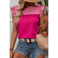Rose Red Two Tone Ruffled Flutter Sleeve Blouse - L thumbnail