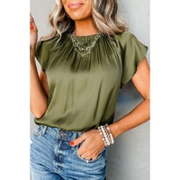 Jungle Green Pleated Flutter Sleeve Satin Top - S thumbnail