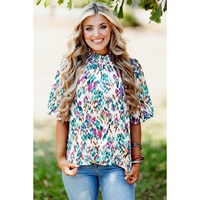 Light Blue Abstract Print Puff Sleeve Mock Neck Blouse - L thumbnail
