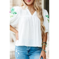 White Floral Embroidered Puff Sleeve Notched Neck Blouse - S thumbnail
