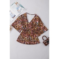 White Leopard Print Wide Sleeve Peplum Hem Blouse - L thumbnail