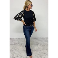 Black Star Sequin Splicing Half Sleeve Top - M thumbnail