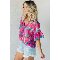 Rose Abstract Brushwork Print Buttoned V Neck Blouse - L thumbnail