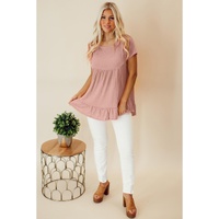 Pink Solid Short Sleeve Ruffle Hem Top - M thumbnail