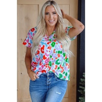 Green Contrast Leopard Print V Neck Short Sleeve Blouse - L thumbnail