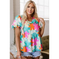 Pink Floral Print Bubble Sleeve V Neck Peplum Blouse - L thumbnail