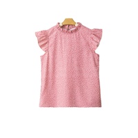 Pink Polka Dots Ruffle Flutter Sleeve Frilled Neck Blouse - XL thumbnail