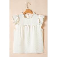 White Solid Color Ruffle Trim Waffle Knit Blouse - S thumbnail