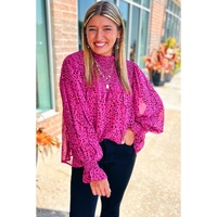 Rose Leopard Shirred Puff Sleeve Flowy Blouse - L thumbnail