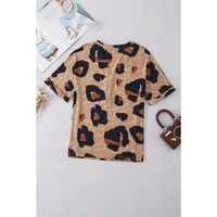 Light French Beige Leopard Folded Short Sleeve Buttoned V Neck Blouse - S thumbnail