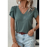 Mist Green Fashion Petal Sleeve V Neck T Shirt - L thumbnail