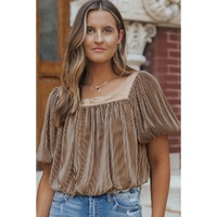 Simply Taupe Pleated Puff Sleeve Square Neck Blouse - L thumbnail