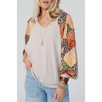Parchment Contrast Printed Raglan Sleeves Patchwork V Neck Loose Top - L thumbnail