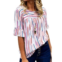 White Multicolor Striped Splash Half Sleeve Blouse - M thumbnail