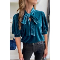 Azura Exchange Peacock Blue Velvet Bow Tie Neck Short Sleeve Top - L thumbnail