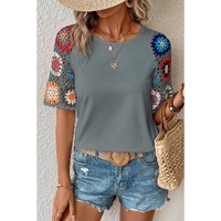 Medium Grey Floral Crochet Short Sleeve Top - M thumbnail