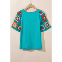 Turquoise Floral Crochet Short Sleeve Top - S thumbnail