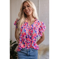 Rose Red Abstract Print Ruffled Sleeve V Neck Blouse - L thumbnail
