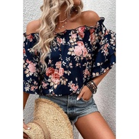 Blue Ruffle Off Shoulder Flounce Sleeve Floral Blouse - M thumbnail