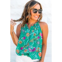 Bright Green Floral Print Buttoned Neckline Tank Top - XL thumbnail
